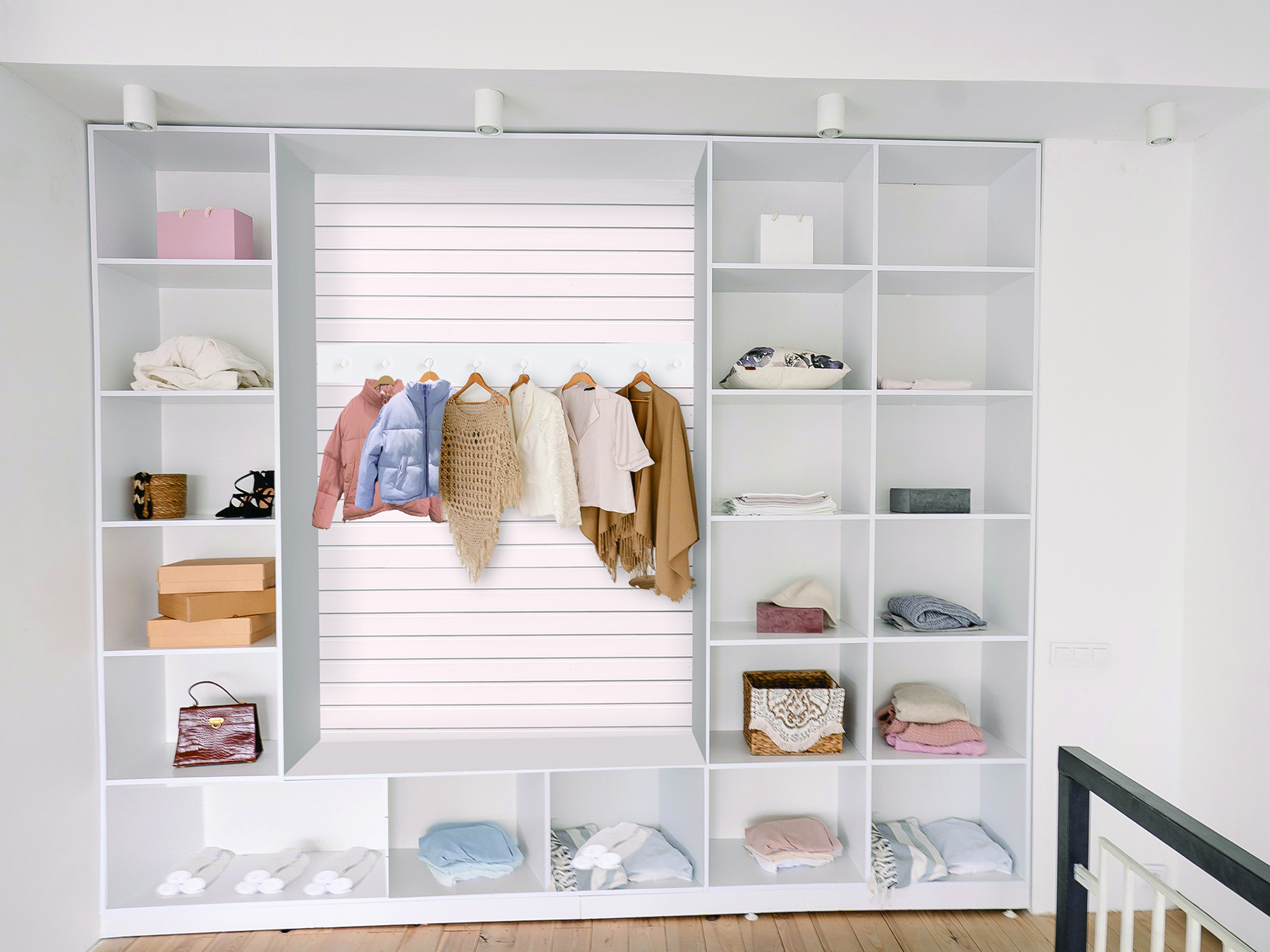 Huge Built-in Open Wardrobe with Lighting and Many Sections for Women's Clothing, Lingerie, Shoes and Accessories. Room Zoning, Dressing Area